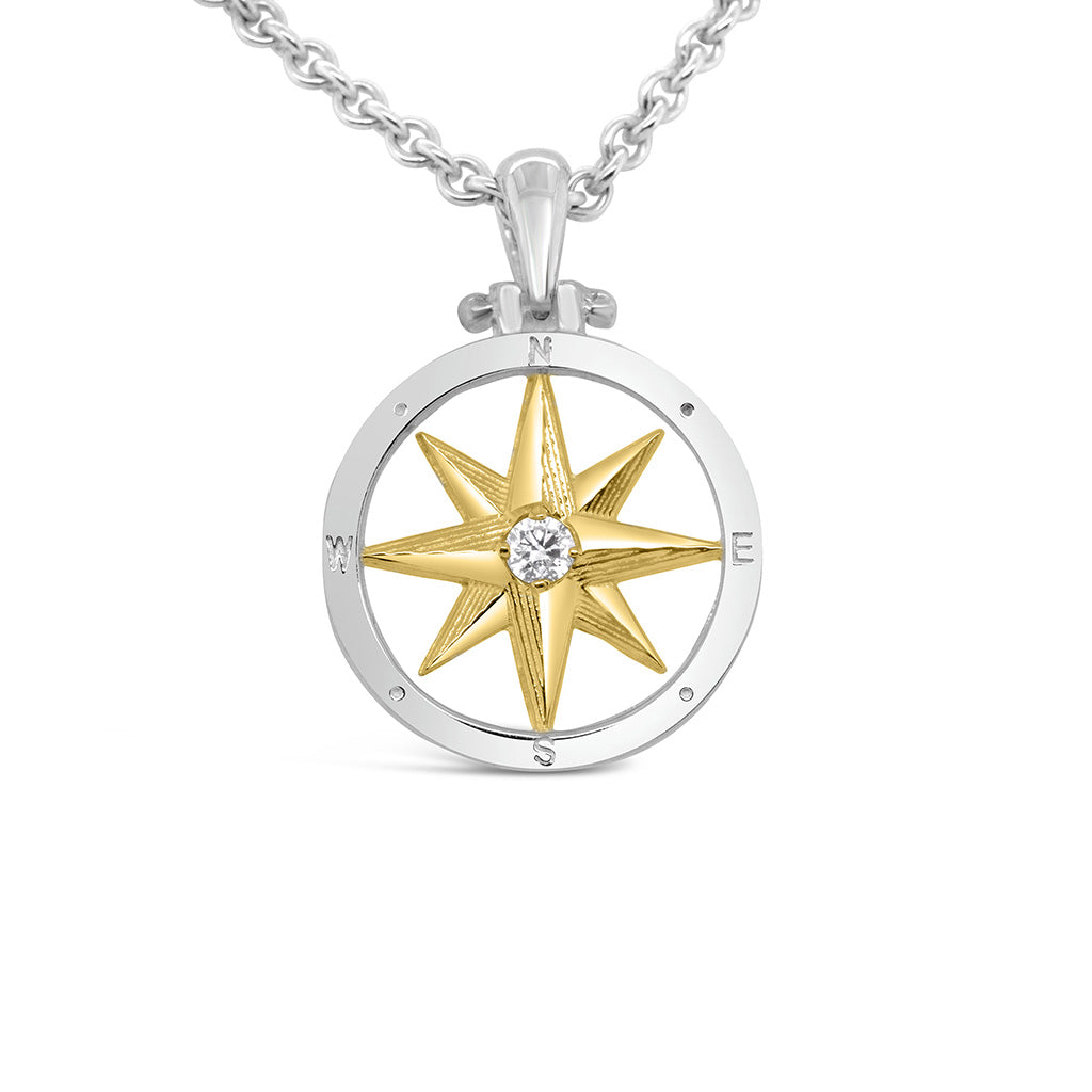 Small Round Compass Rose Pendant with Center Stone