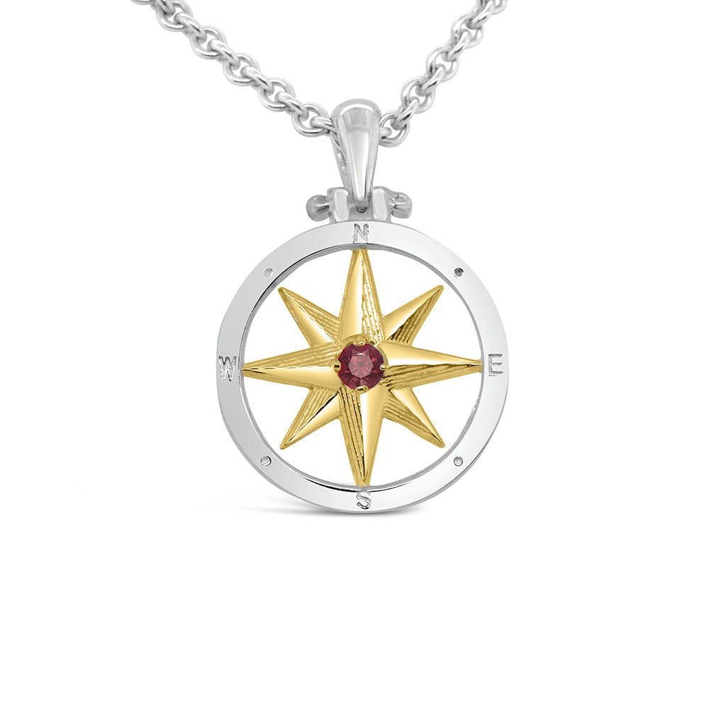 Small Round Compass Rose Pendant with Center Stone