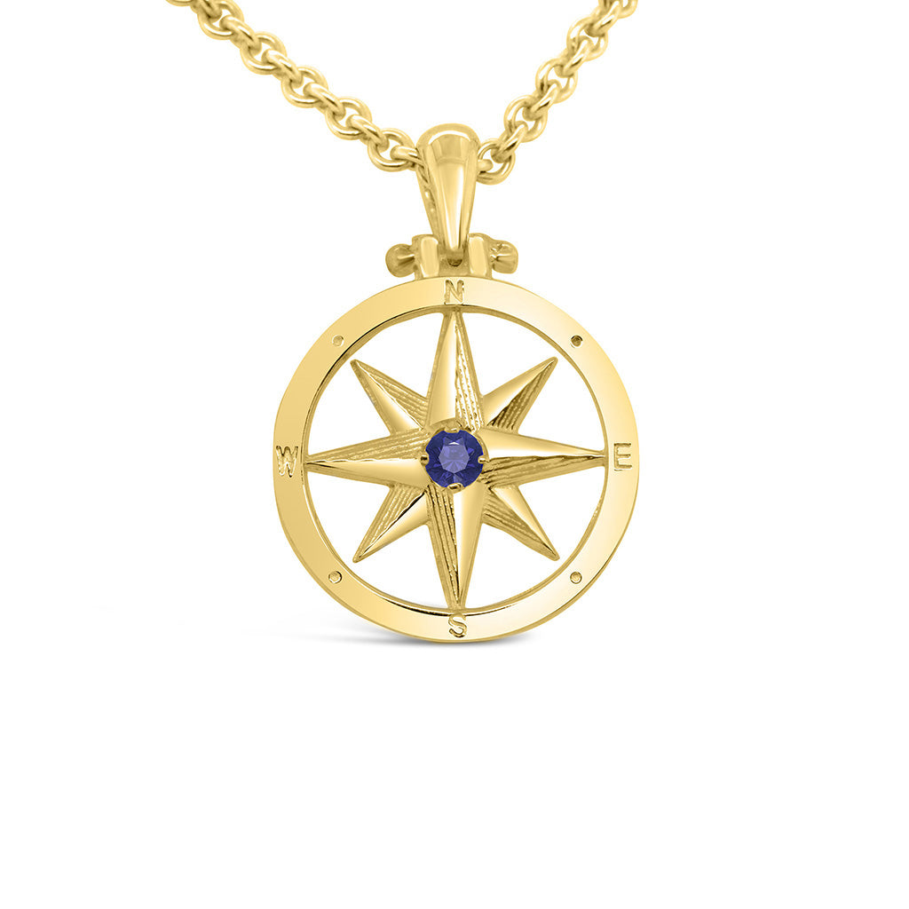 Small Round Compass Rose Pendant with Center Stone