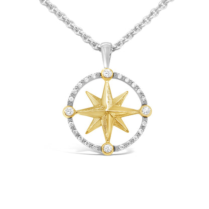 Small Round Compass Rose Pendant with 10pts Diamond Pave Frame and Stones at N-E-S-W