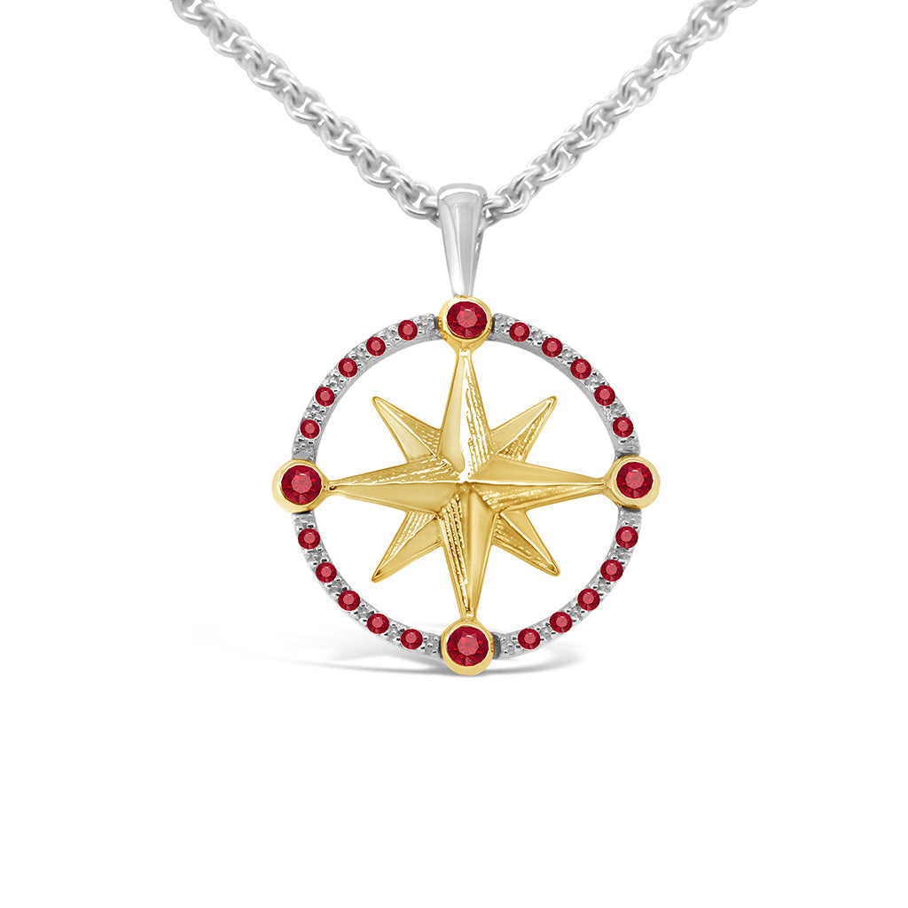 Small Round Compass Rose Pendant with 10pts Diamond Pave Frame and Stones at N-E-S-W