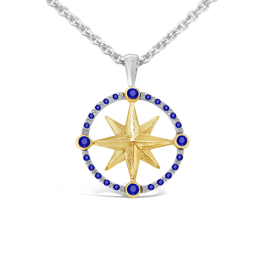 Small Round Compass Rose Pendant with 10pts Diamond Pave Frame and Stones at N-E-S-W