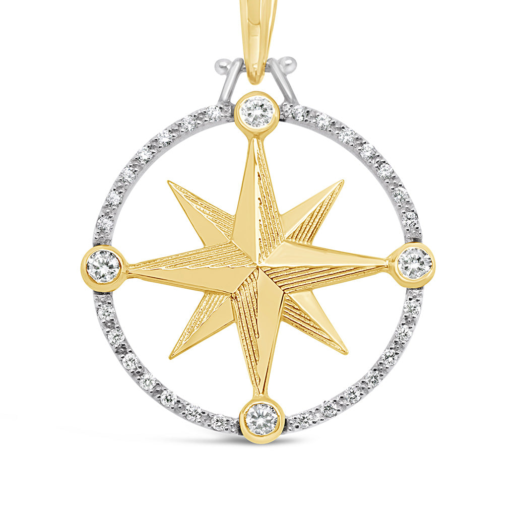 Large Round Compass Rose Pendant with 21 Points Diamond Pave Frame & Stones at N-E-S-W