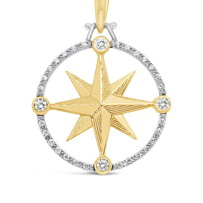 Large Round Compass Rose Pendant with 21 Points Diamond Pave Frame & Stones at N-E-S-W