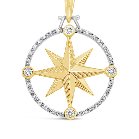 Large Round Compass Rose Pendant with 21 Points Diamond Pave Frame & Stones at N-E-S-W