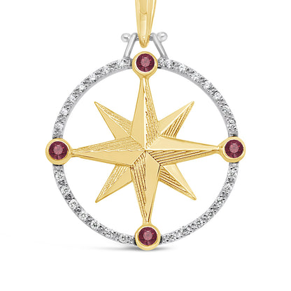 Large Round Compass Rose Pendant with 21 Points Diamond Pave Frame & Stones at N-E-S-W