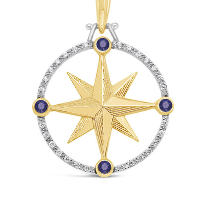 Large Round Compass Rose Pendant with 21 Points Diamond Pave Frame & Stones at N-E-S-W