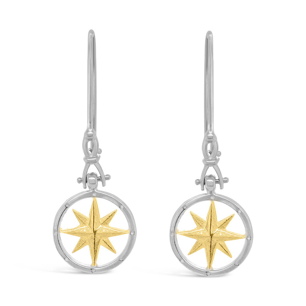 Tiny Round Compass Rose Shackle Earrings